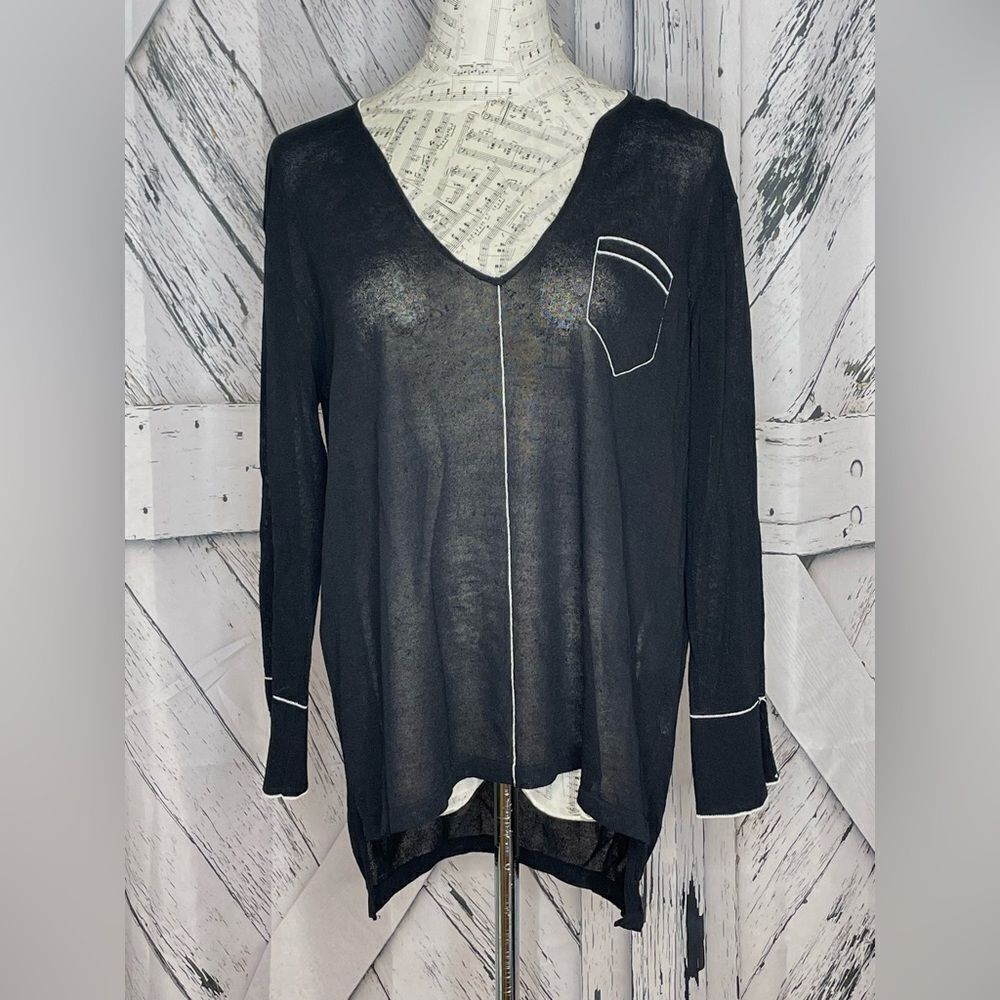 Kerisma Lightweight Semi-Sheer V-Neck Sweater Black w/White Trim M/L